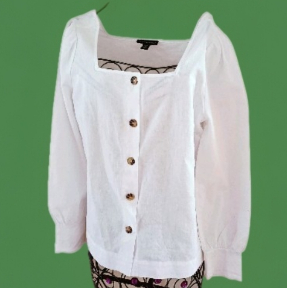 NEW SAKS FIFTH AVENUE Exclusivity Linen Blend Blouse Shirt Squareneck sz S White - Picture 3 of 15